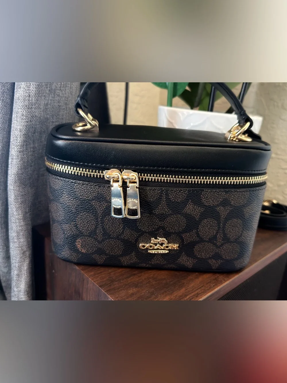 Coach Brown Signature Canvas Cosmetic Case with Black Leather Top